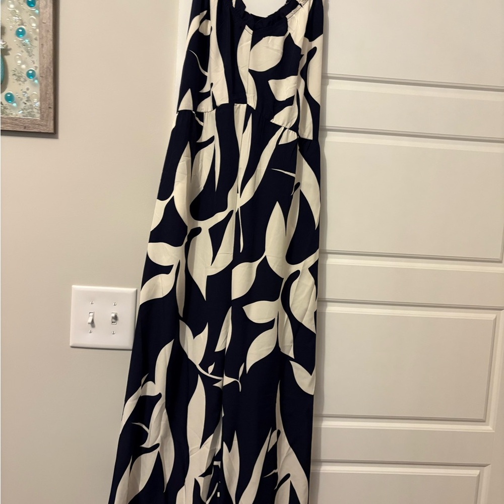 Navy  & Cream Leaf-Print Maxi romper